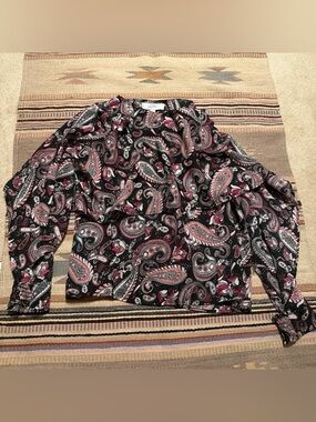 Paisley Print Ruffle Blouse in Black and Pink